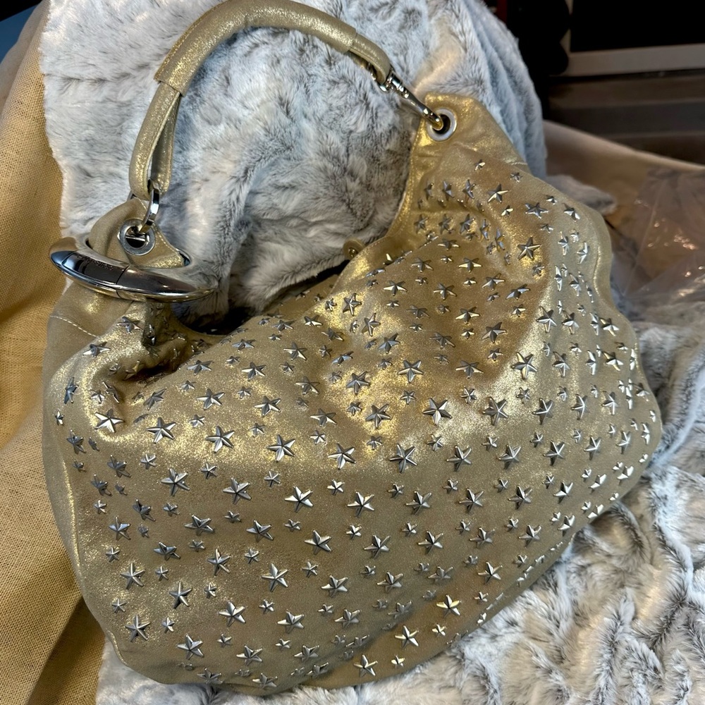 Jimmy Choo Gold Leather, Star-Studded Hobo Bag w/ Bangle. $599 RARE
